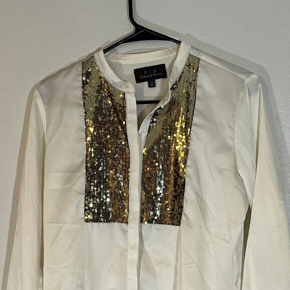 Paterson J Kindaid PJK Satin Tuxedo Blouse Gold Sequin Bib Cream Size‎ XS - Picture 3 of 7